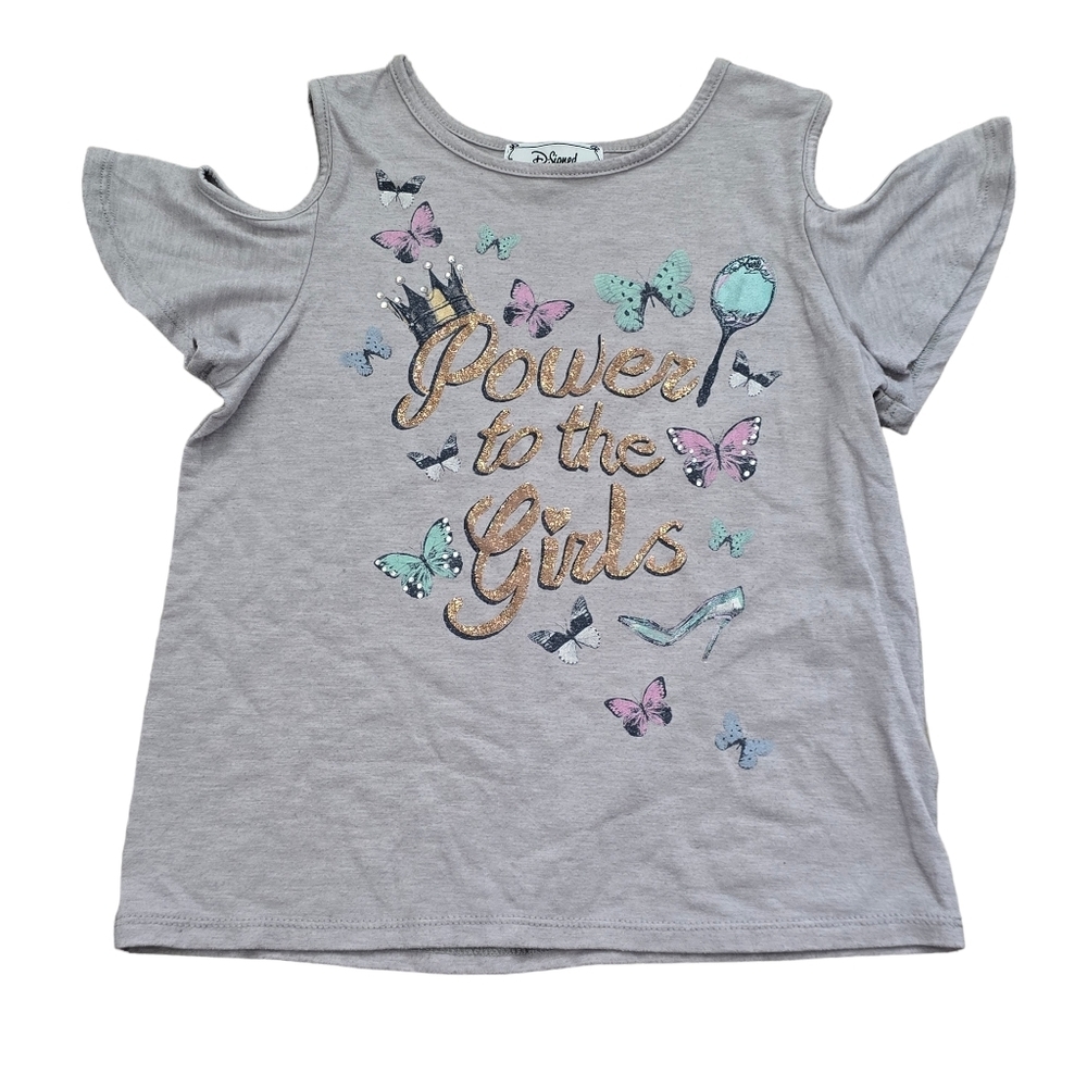 D Signed Girls S 7 8 Short Sleeve Tee Top with Cold Shoulder Gray